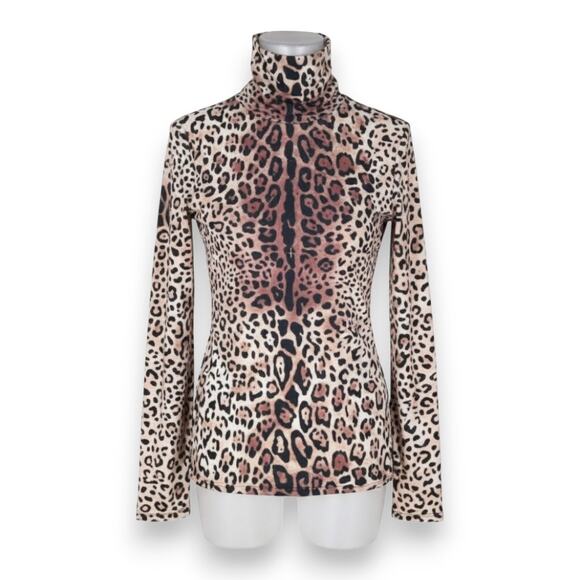 Boston Proper Tan Black Animal Print Leopard Print Turtleneck Top Size Small - Picture 1 of 8